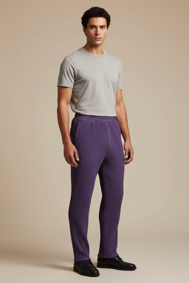 Pantalon À Pince Violet Plissé Ample Homme Décontracté - Polyester