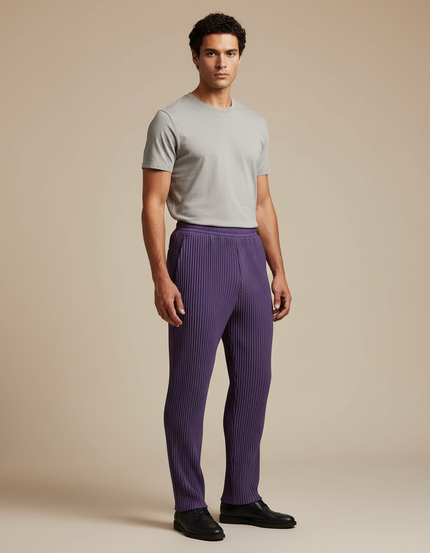 Pantalon À Pince Violet Plissé Ample Homme Décontracté - Polyester