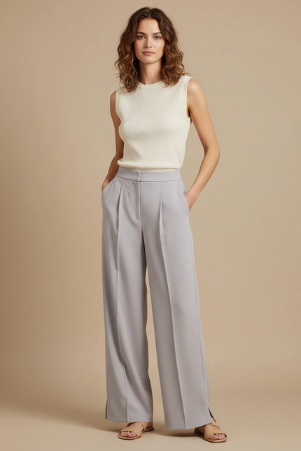 Pantalon À Pince Gris Fluide Ample Élégant Femme - Polyester