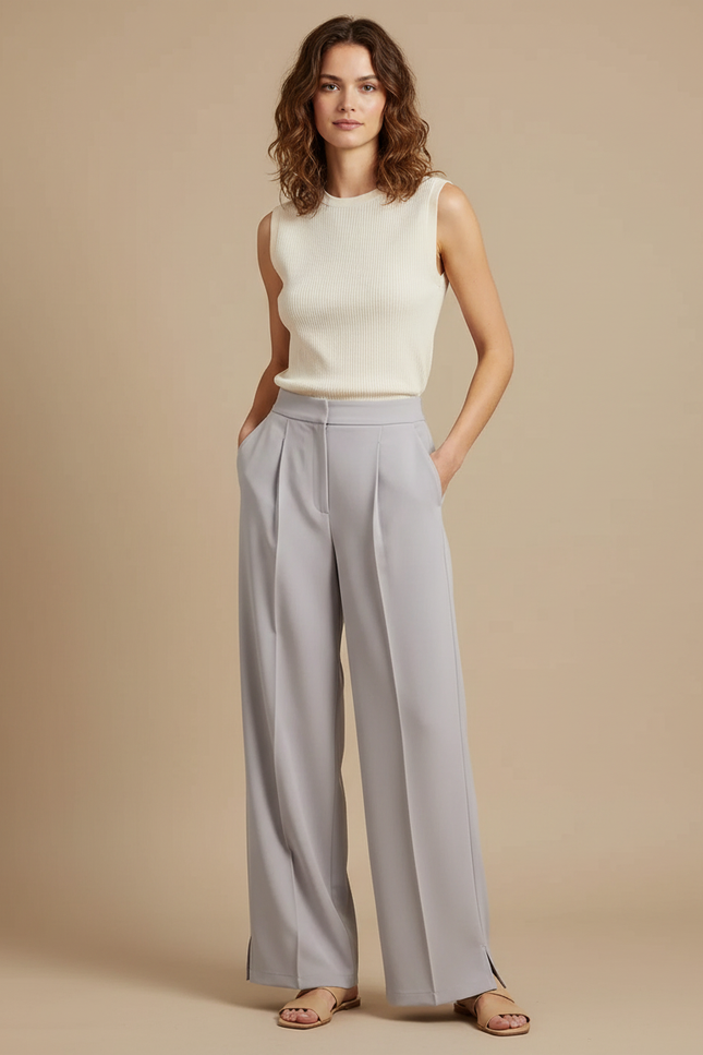 Pantalon À Pince Gris Fluide Ample Élégant Femme - Polyester