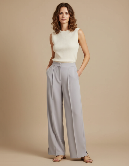 Pantalon À Pince Gris Fluide Ample Élégant Femme - Polyester