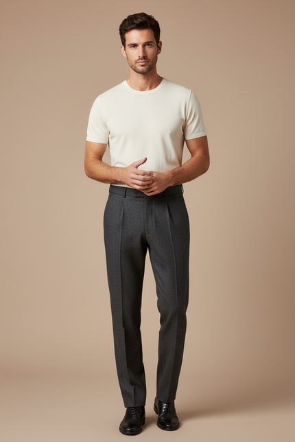 Pantalon À Pince Gris Anthracite Laine Plissé Droit Formel