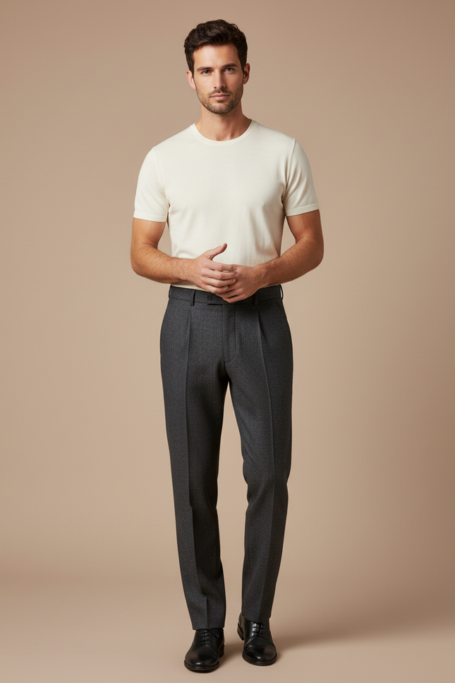 Pantalon À Pince Gris Anthracite Laine Plissé Droit Formel