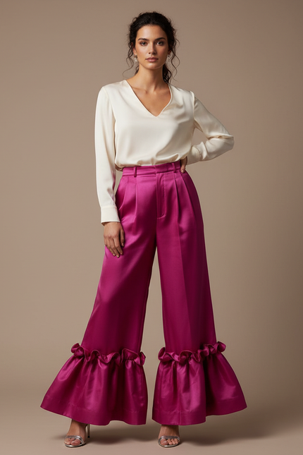 Pantalon À Pince Fuchsia Satiné Volants Évasé Élégant - Rose
