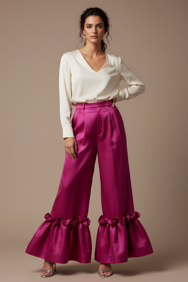 Pantalon À Pince Fuchsia Satiné Volants Évasé Élégant - Rose