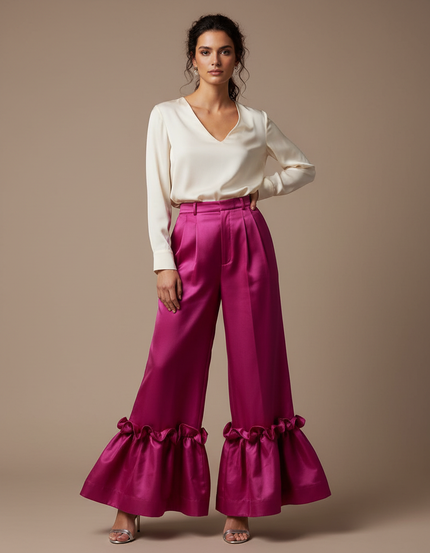Pantalon À Pince Fuchsia Satiné Volants Évasé Élégant - Rose