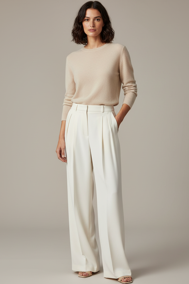 Pantalon À Pince Blanc Cassé Plissé Ample Élégant - Polyester