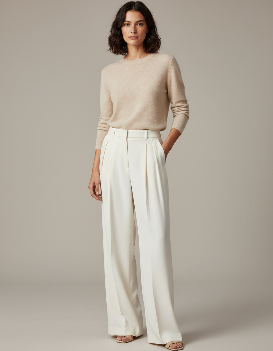 Pantalon À Pince Blanc Cassé Plissé Ample Élégant - Polyester