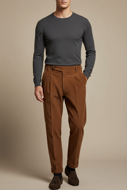 Pantalon À Pince Marron Côtelé Plissé Élégant Homme - Cordé
