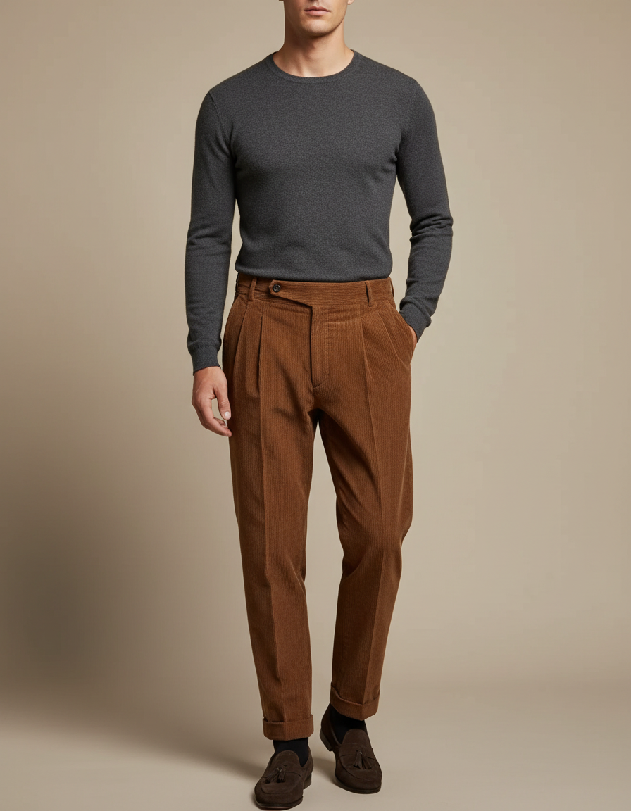 Pantalon À Pince Marron Côtelé Plissé Élégant Homme - Cordé
