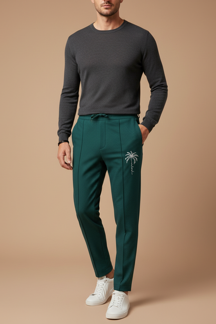Pantalon À Pince Vert Émeraude Slim Détente Palmier Brodé - Polyester