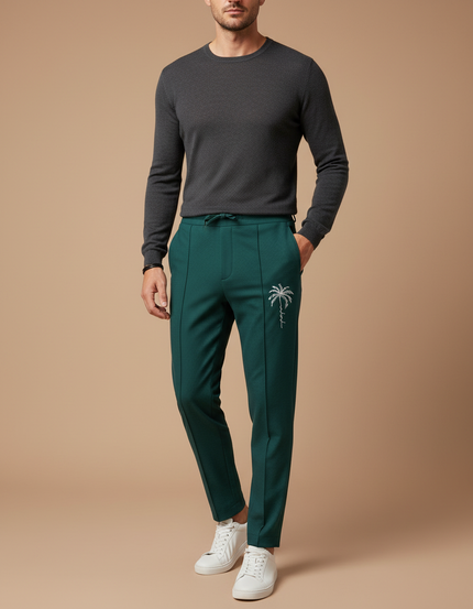 Pantalon À Pince Vert Émeraude Slim Détente Palmier Brodé - Polyester