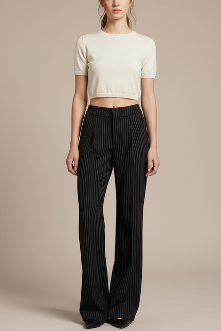 Pantalon À Pince Noir Rayé Ample Élégant Décontracté - Laine