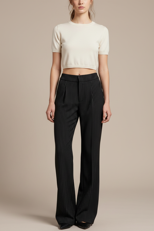 Pantalon À Pince Noir Rayé Ample Élégant Décontracté - Laine