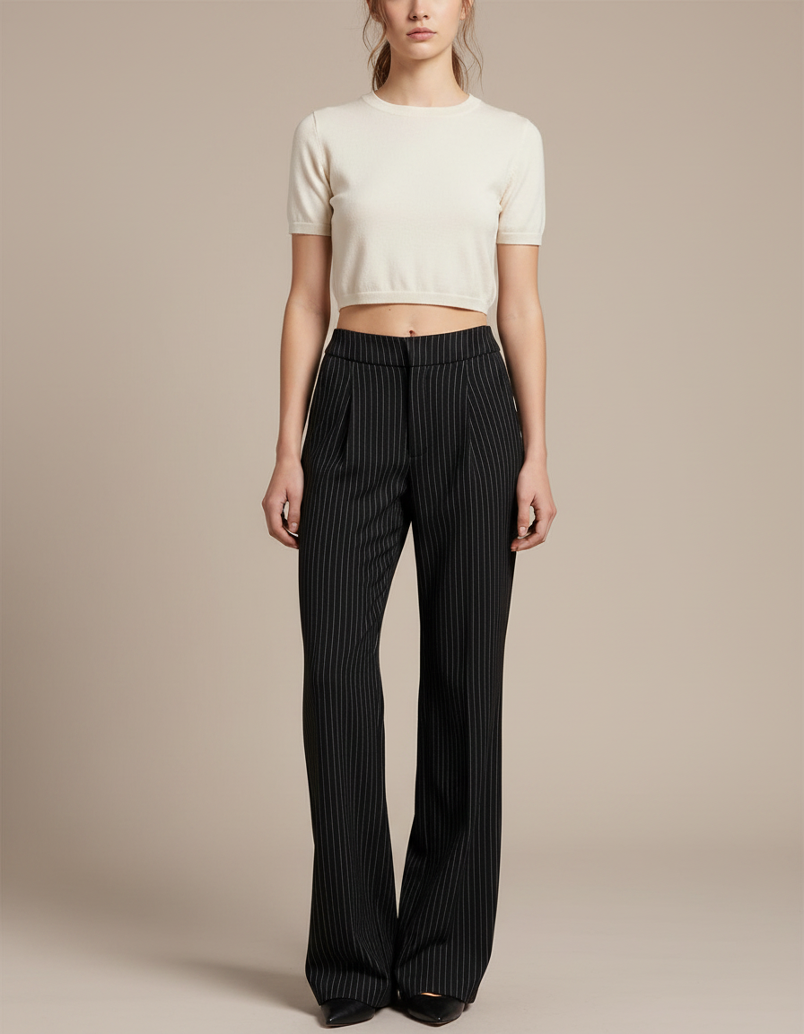 Pantalon À Pince Noir Rayé Ample Élégant Décontracté - Laine