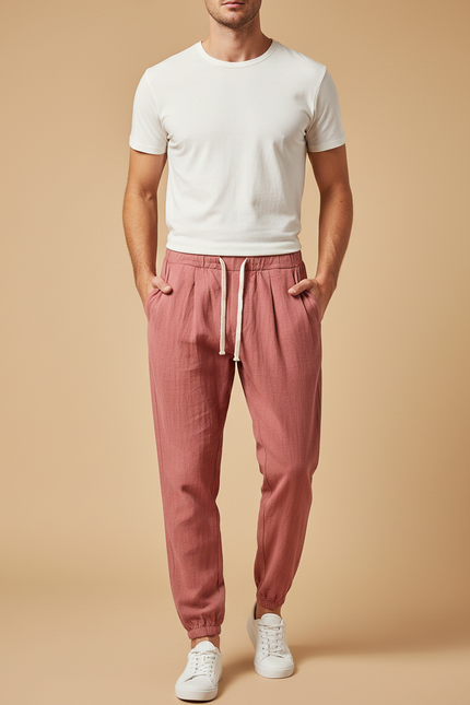 Pantalon À Pince Rose Corail Lin Léger Décontracté