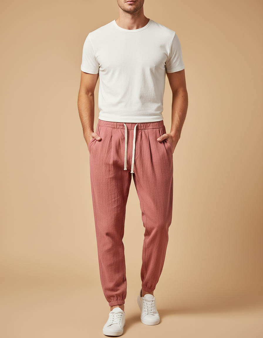 Pantalon À Pince Rose Corail Lin Léger Décontracté