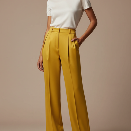 Pantalon À Pince Jaune Ample Fluide Élégant Femme - Satin
