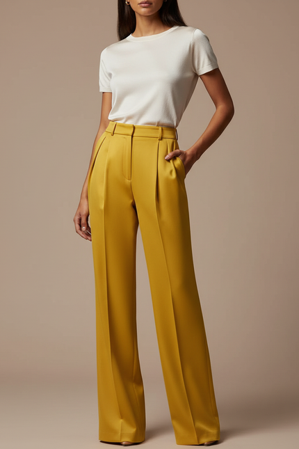 Pantalon À Pince Jaune Ample Fluide Élégant Femme - Satin