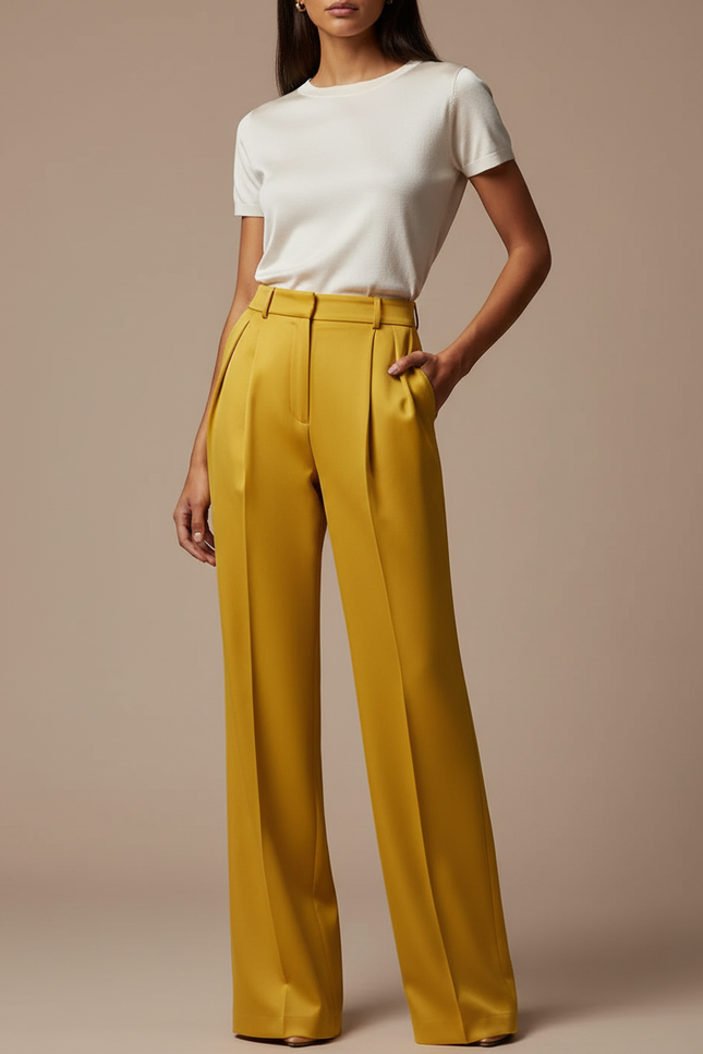 Pantalon À Pince Jaune Ample Fluide Élégant Femme - Satin
