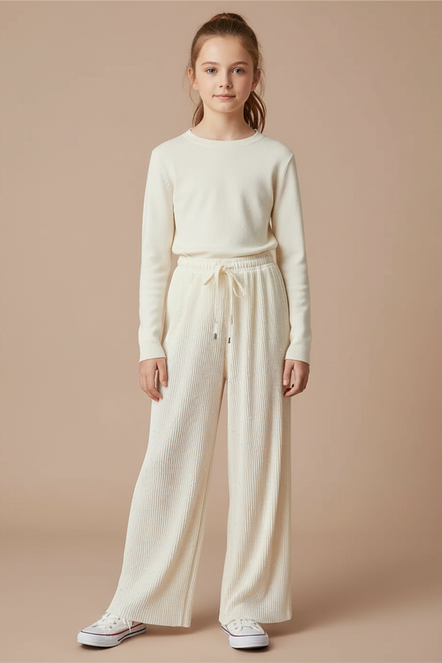 Pantalon À Pince Écru Plissé Ample Scintillant Enfant - Beige Maille
