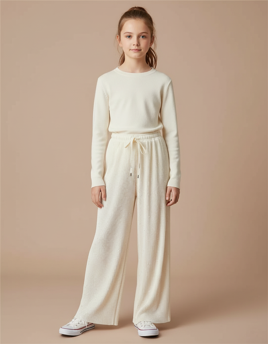 Pantalon À Pince Écru Plissé Ample Scintillant Enfant - Beige Maille