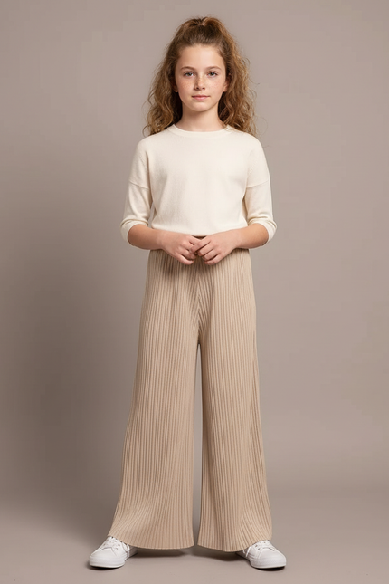 Pantalon À Pince Plissé Beige Ample Côtelé Décontracté - Maille