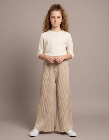 Pantalon À Pince Plissé Beige Ample Côtelé Décontracté - Maille