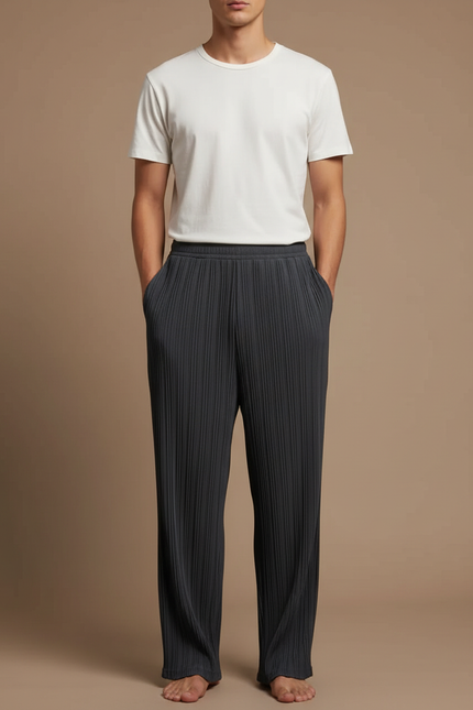 Pantalon À Pince Gris Plissé Ample Décontracté Léger Fluide - Polyester