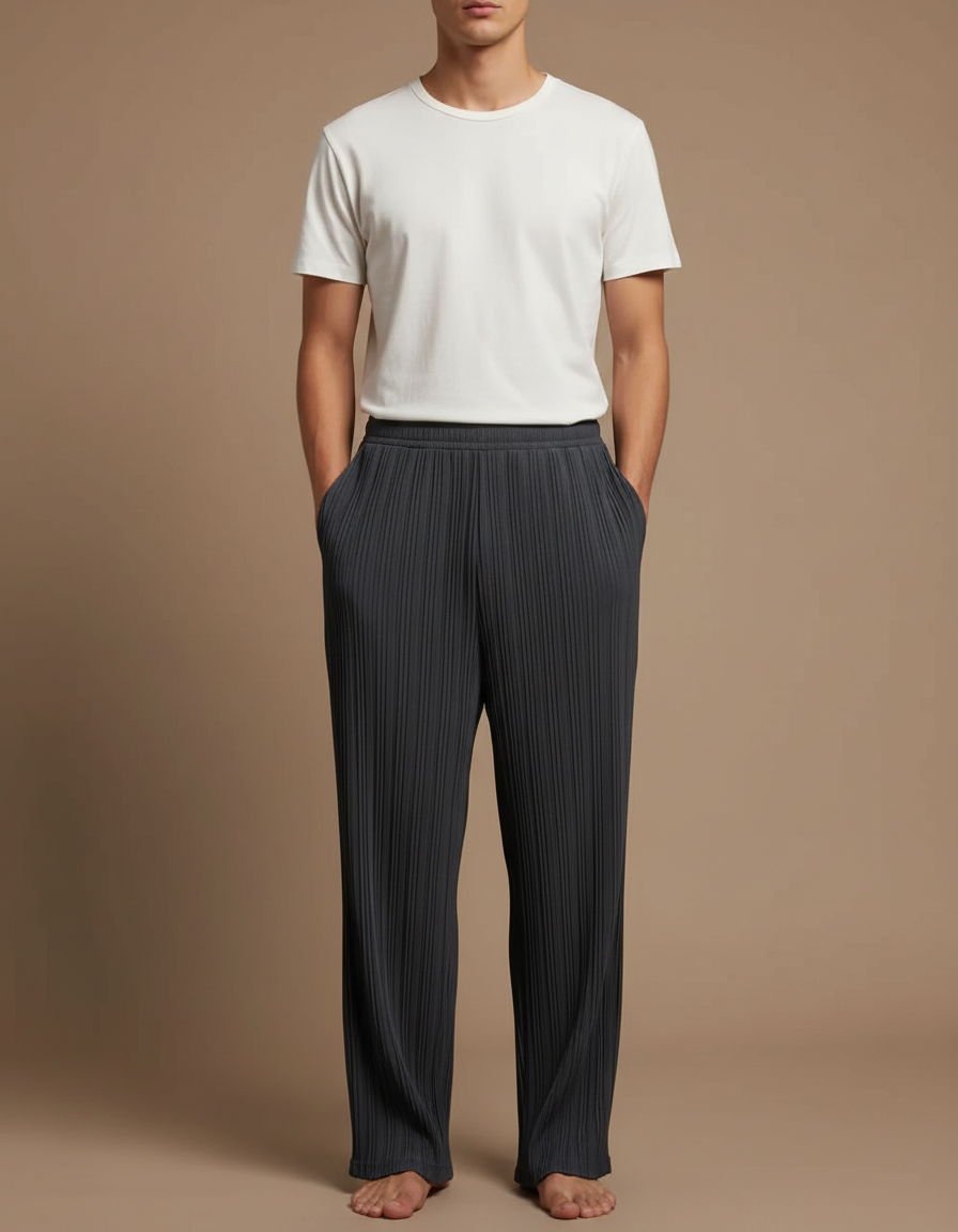 Pantalon À Pince Gris Plissé Ample Décontracté Léger Fluide - Polyester