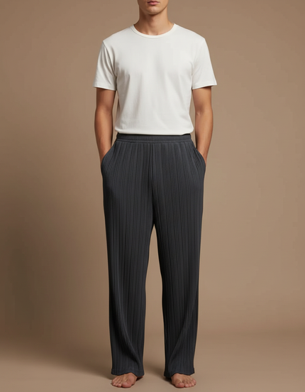 Pantalon À Pince Gris Plissé Ample Décontracté Léger Fluide - Polyester