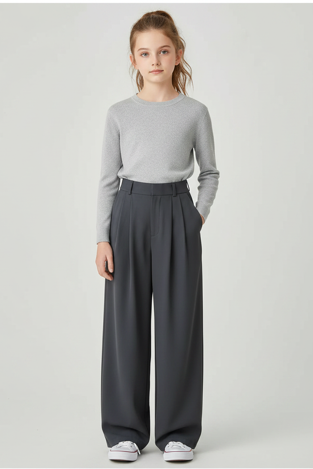 Pantalon À Pince Gris Foncé Ample Plissé Fluide Fille - Polyester