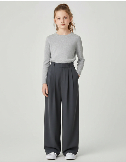 Pantalon À Pince Gris Foncé Ample Plissé Fluide Fille - Polyester