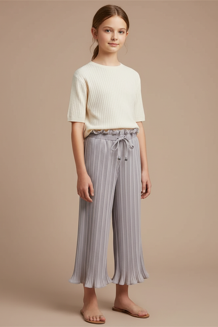 Pantalon À Pince Gris Plissé Ample Court Fille - Maille