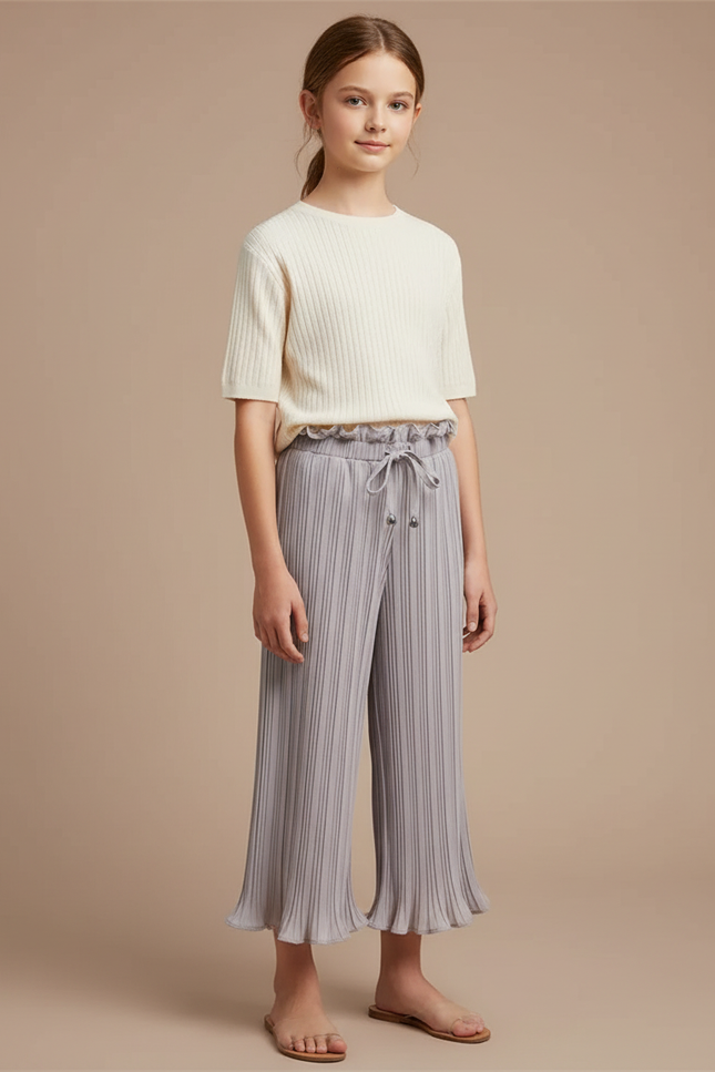 Pantalon À Pince Gris Plissé Ample Court Fille - Maille