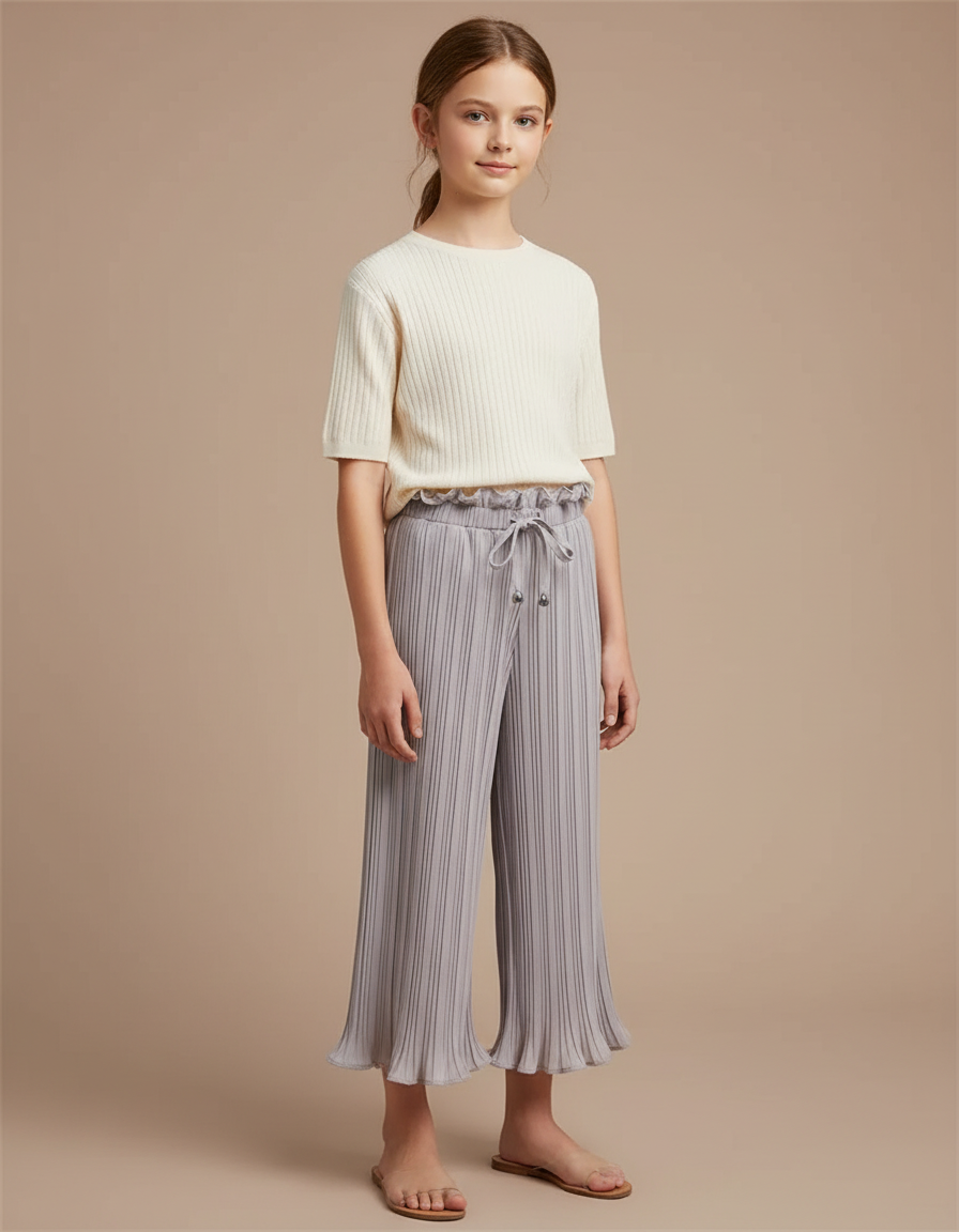 Pantalon À Pince Gris Plissé Ample Court Fille - Maille