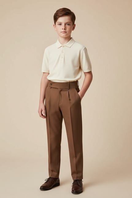 Pantalon À Pince Marron Plissé Élégant Enfant - Gabardine