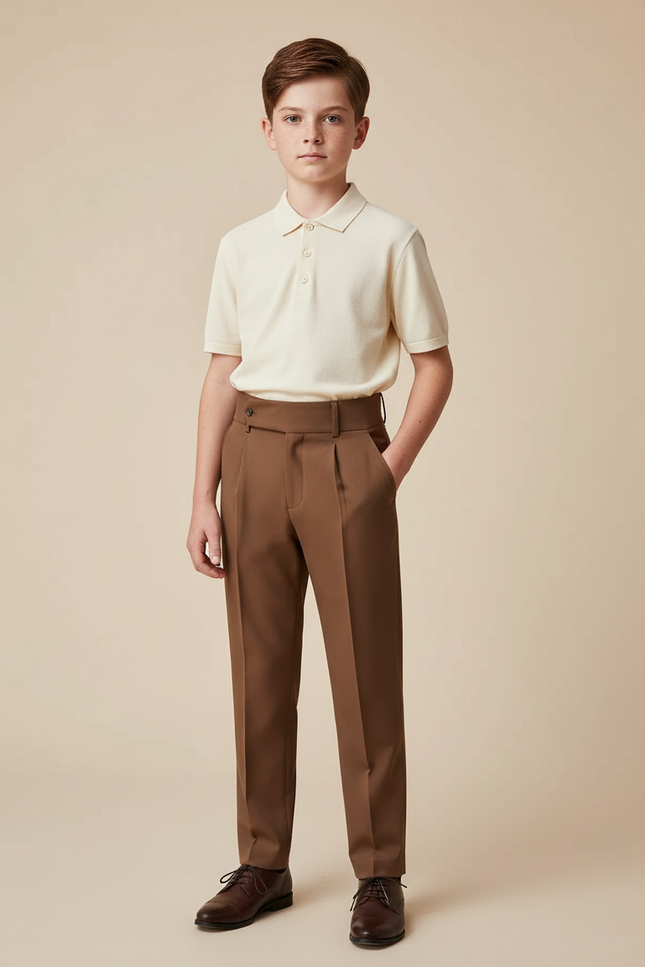 Pantalon À Pince Marron Plissé Élégant Enfant - Gabardine