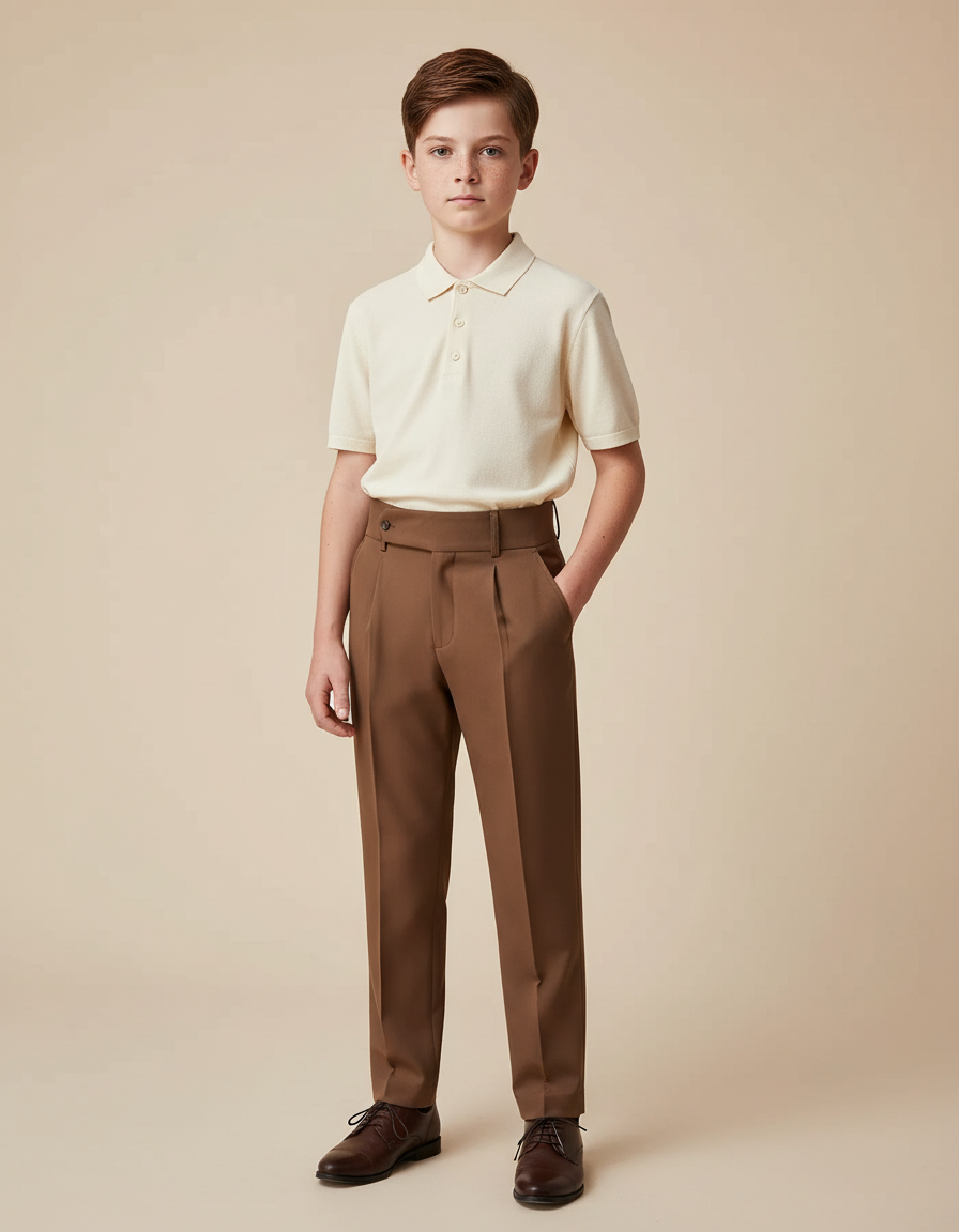 Pantalon À Pince Marron Plissé Élégant Enfant - Gabardine