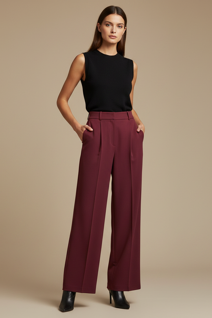 Pantalon À Pince Bordeaux Plissé Fluide Élégant Femme - Polyester