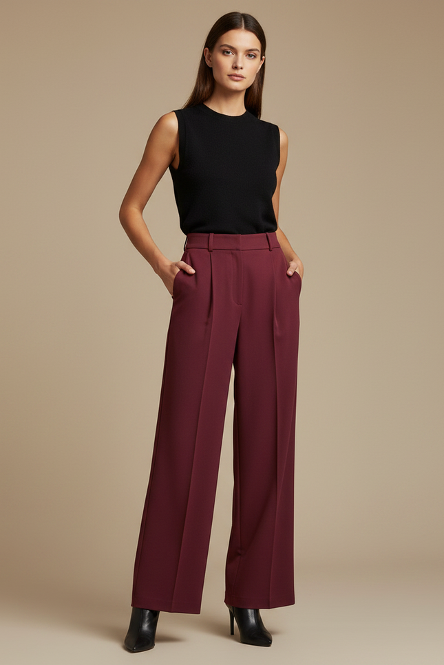 Pantalon À Pince Bordeaux Plissé Fluide Élégant Femme - Polyester