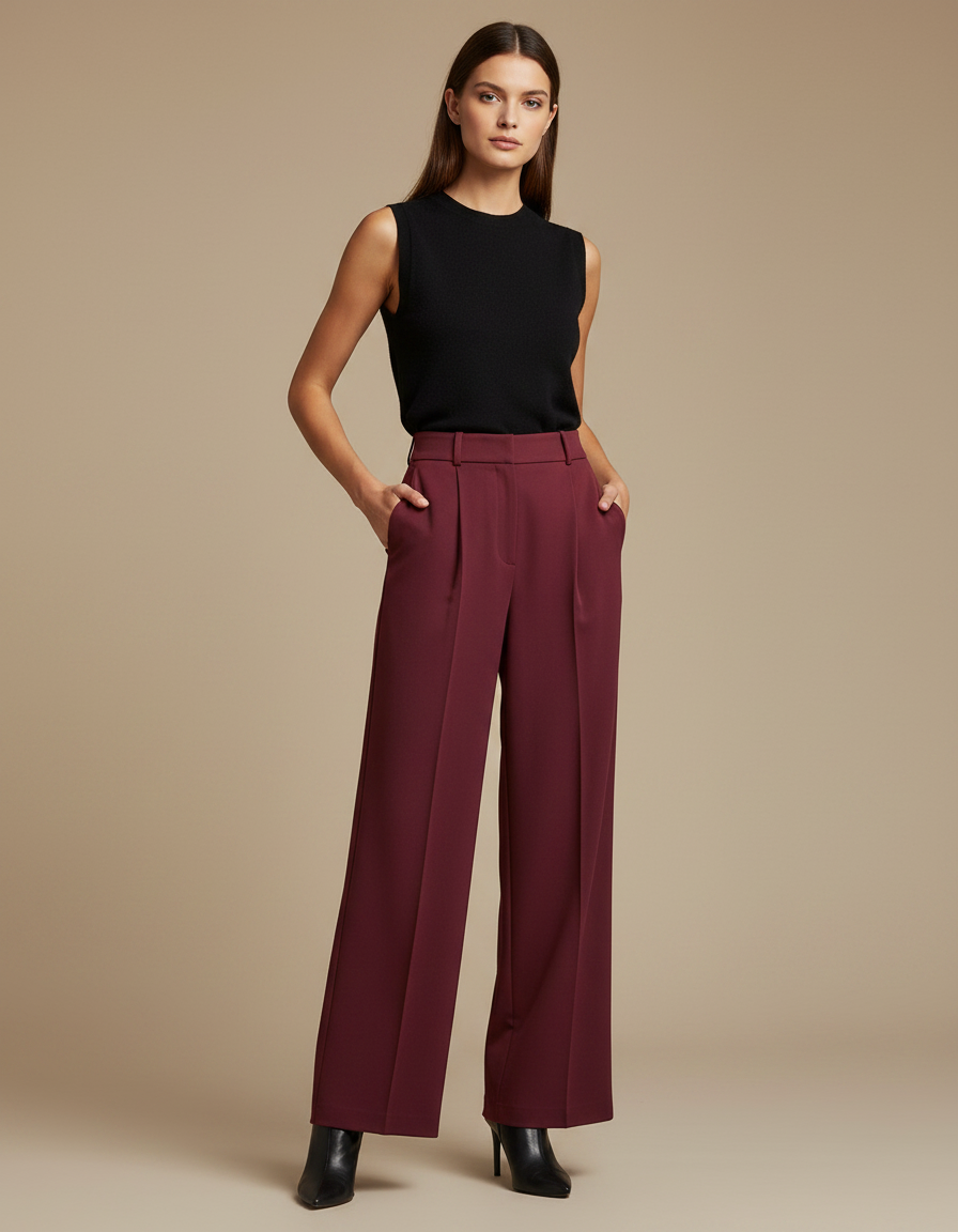 Pantalon À Pince Bordeaux Plissé Fluide Élégant Femme - Polyester