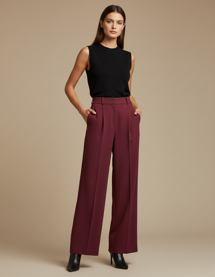 Pantalon À Pince Bordeaux Plissé Fluide Élégant Femme - Polyester