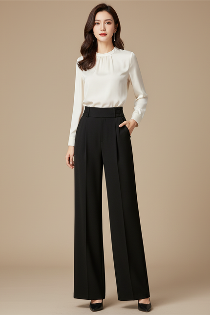 Pantalon À Pince Noir Ample Plissé Taille Haute Élégant Femme - Polyester