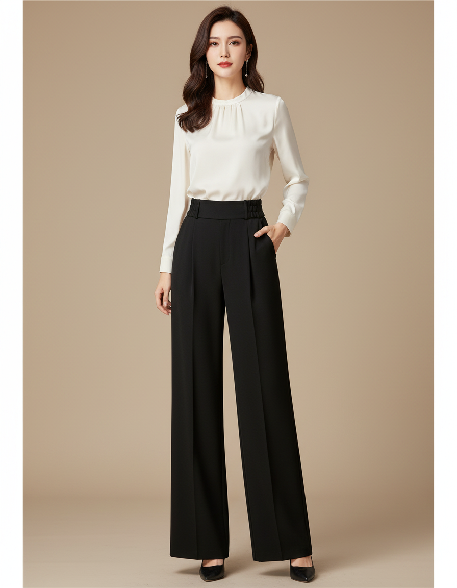Pantalon À Pince Noir Ample Plissé Taille Haute Élégant Femme - Polyester