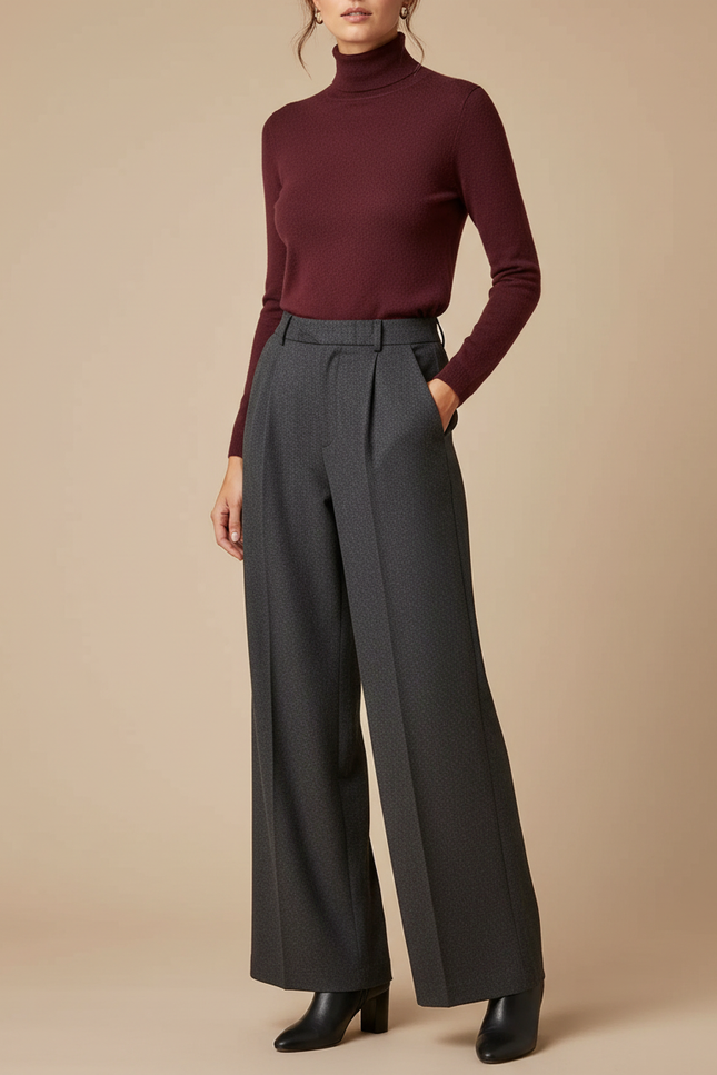 Pantalon À Pince Gris Anthracite Ample Plissé Élégant - Laine