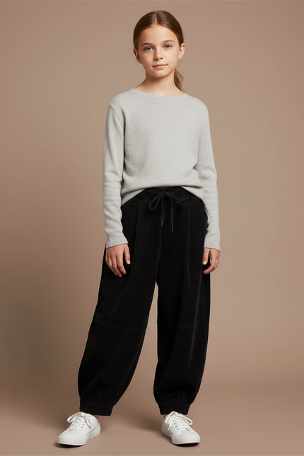 Pantalon À Pince Noir Côtelé Ample Décontracté Fille - Cordé