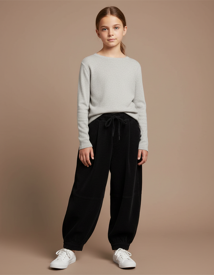 Pantalon À Pince Noir Côtelé Ample Décontracté Fille - Cordé