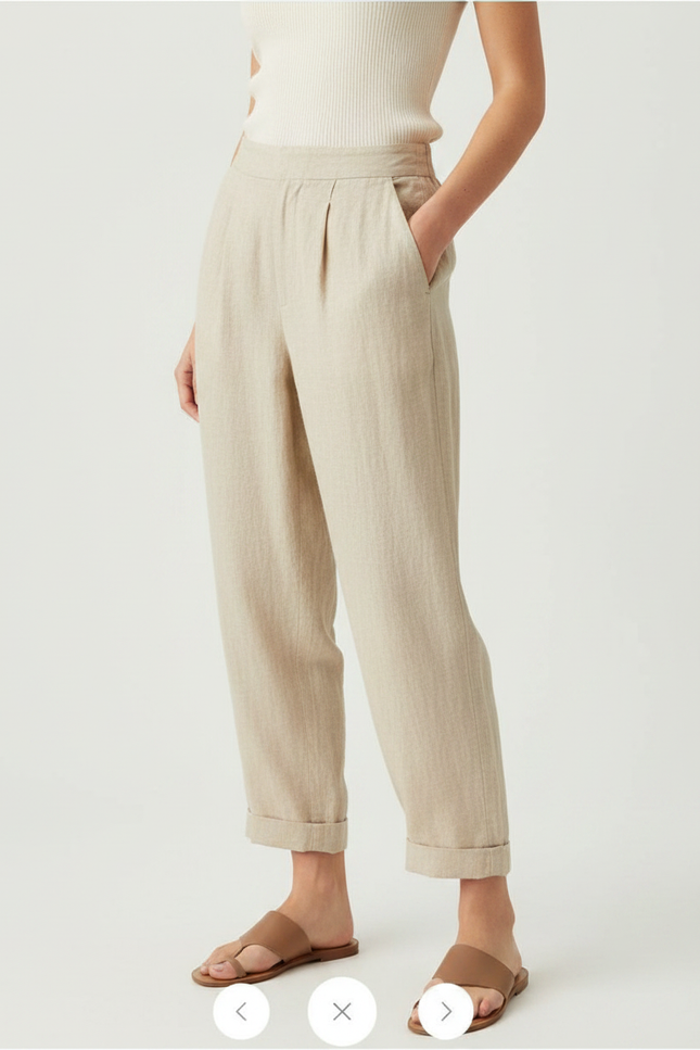 Pantalon À Pince Beige Lin Ample Décontracté Femme