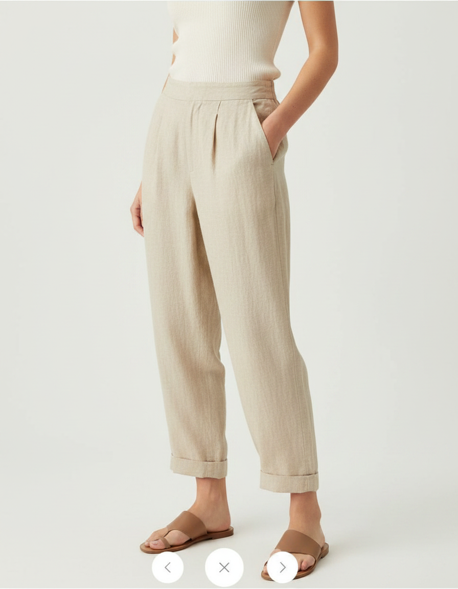 Pantalon À Pince Beige Lin Ample Décontracté Femme